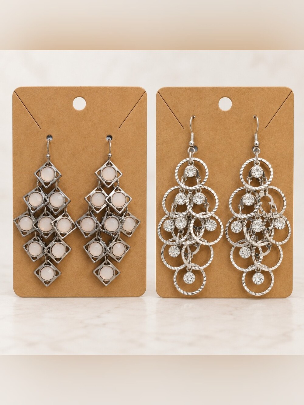 2 PAIRS Silver Tone Geometric & Rhinestone Chandelier Statement Earrings Bundle